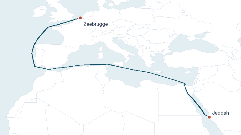 Sea route map from Jeddah to Zeebrugge &mdash; 3966 nautical miles