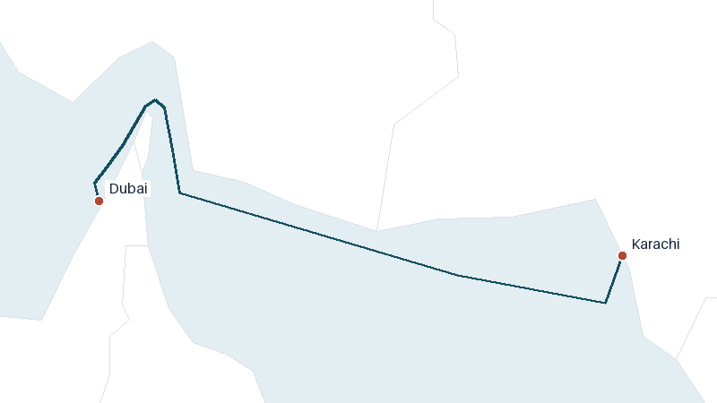 Sea route map from Karachi to Dubai &mdash; 735 nautical miles