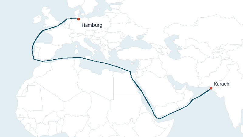 Sea route map from Karachi to Hamburg &mdash; 6457 nautical miles