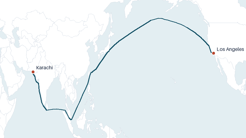 Sea route map from Karachi to Los Angeles &mdash; 10751 nautical miles