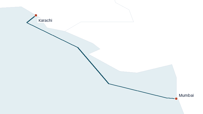 Sea route map from Karachi to Mumbai &mdash; 535 nautical miles