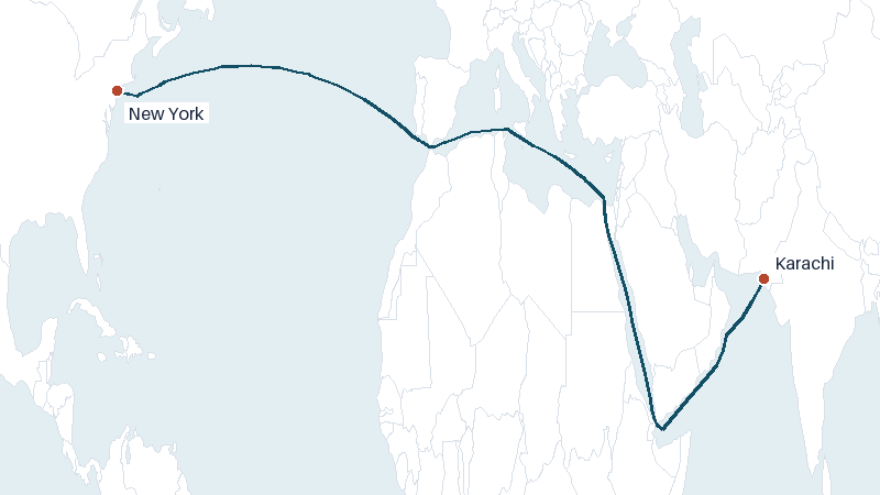 Sea route map from Karachi to New York &mdash; 8009 nautical miles