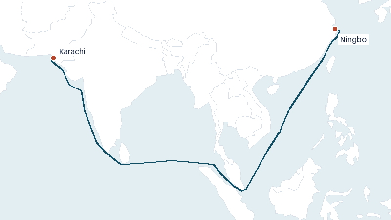 Sea route map from Karachi to Ningbo &mdash; 5093 nautical miles