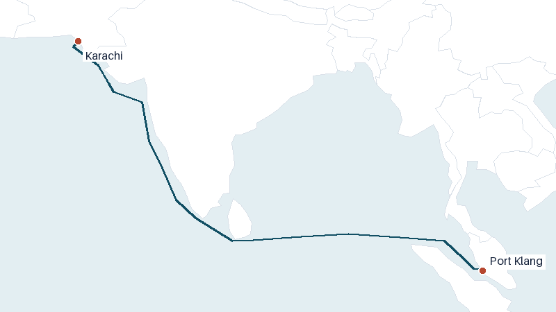 Sea route map from Karachi to Port Klang &mdash; 2815 nautical miles