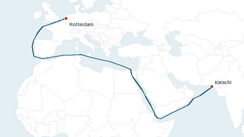 Sea route map from Karachi to Rotterdam &mdash; 6206 nautical miles