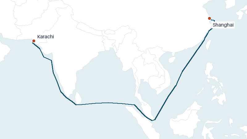 Sea route map from Karachi to Shanghai &mdash; 5207 nautical miles