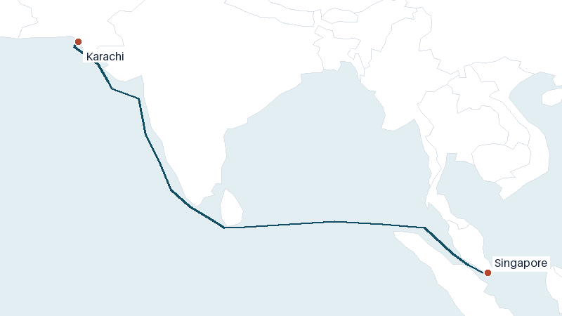 Sea route map from Karachi to Singapore &mdash; 2999 nautical miles