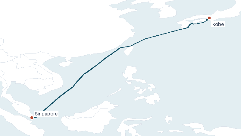 Sea route map from Kobe to Singapore &mdash; 2779 nautical miles