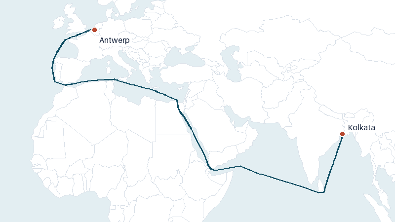 Sea route map from Kolkata to Antwerp &mdash; 7989 nautical miles
