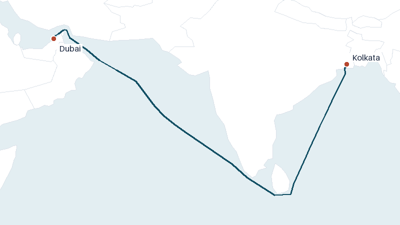 Sea route map from Kolkata to Dubai &mdash; 3121 nautical miles