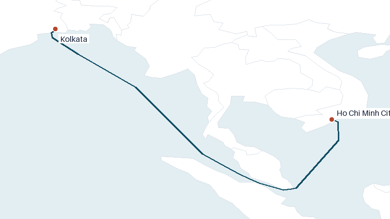 Sea route map from Kolkata to Ho Chi Minh City &mdash; 2246 nautical miles