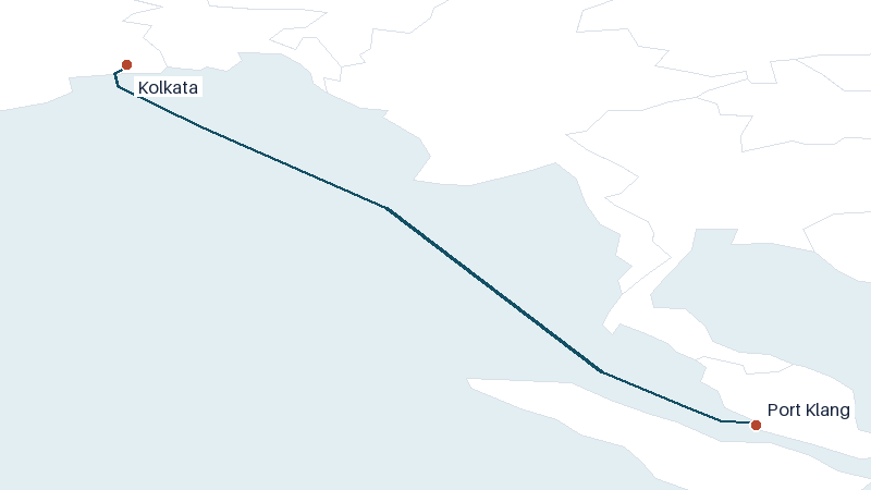 Sea route map from Kolkata to Port Klang &mdash; 1433 nautical miles