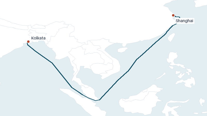 Sea route map from Kolkata to Shanghai &mdash; 3825 nautical miles