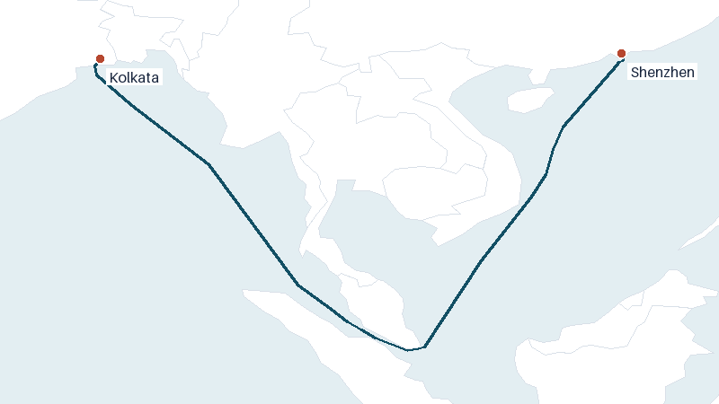 Sea route map from Kolkata to Shenzhen &mdash; 3072 nautical miles