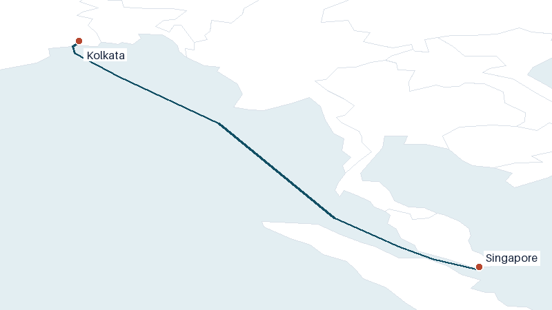 Sea route map from Kolkata to Singapore &mdash; 1617 nautical miles