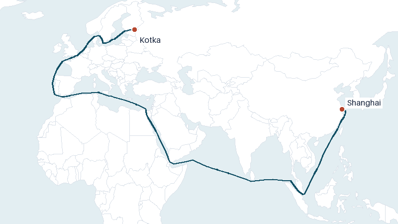 Sea route map from Kotka to Shanghai &mdash; 11737 nautical miles