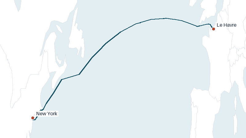 Sea route map from Le Havre to New York &mdash; 3130 nautical miles