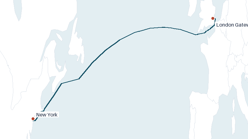 Sea route map from London Gateway to New York &mdash; 3253 nautical miles