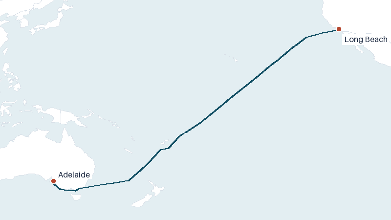 Sea route map from Long Beach to Adelaide &mdash; 7564 nautical miles