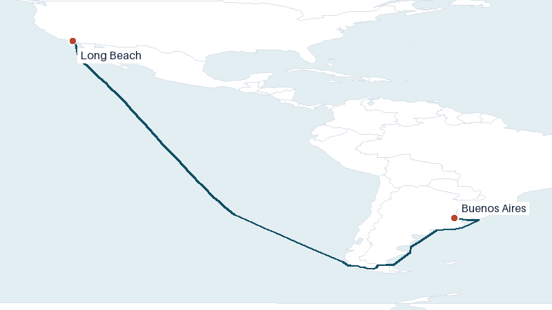 Sea route map from Long Beach to Buenos Aires &mdash; 7500 nautical miles