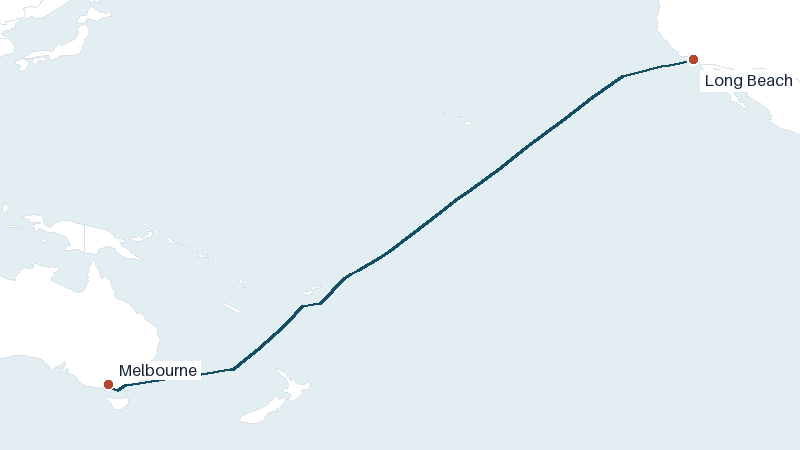Sea route map from Long Beach to Melbourne &mdash; 7154 nautical miles