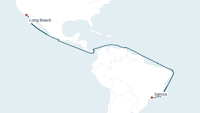 Sea route map from Long Beach to Santos &mdash; 7565 nautical miles