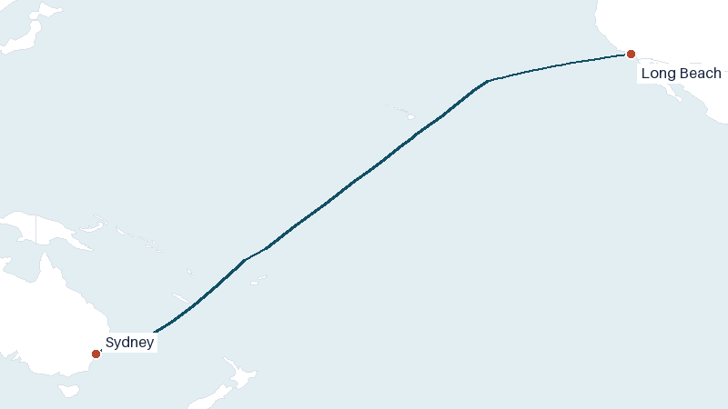Sea route map from Long Beach to Sydney &mdash; 6632 nautical miles