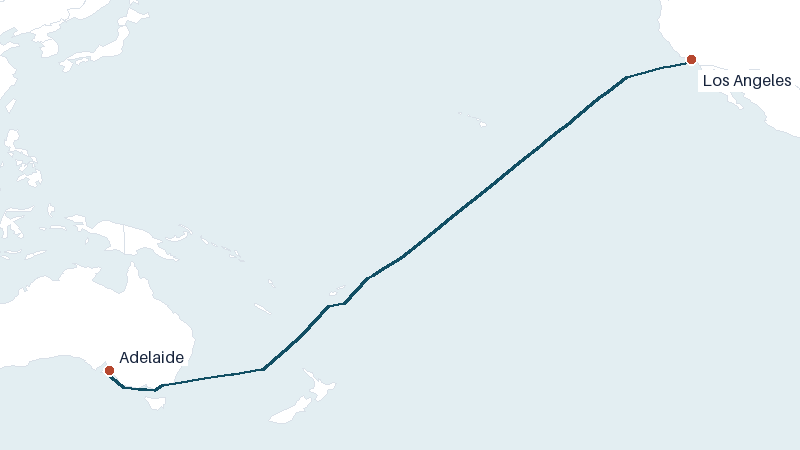 Sea route map from Los Angeles to Adelaide &mdash; 7595 nautical miles
