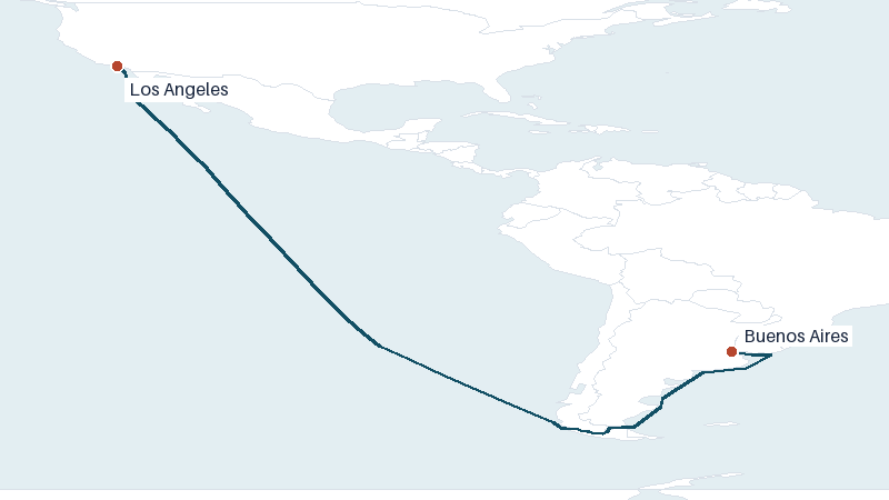 Sea route map from Los Angeles to Buenos Aires &mdash; 7530 nautical miles