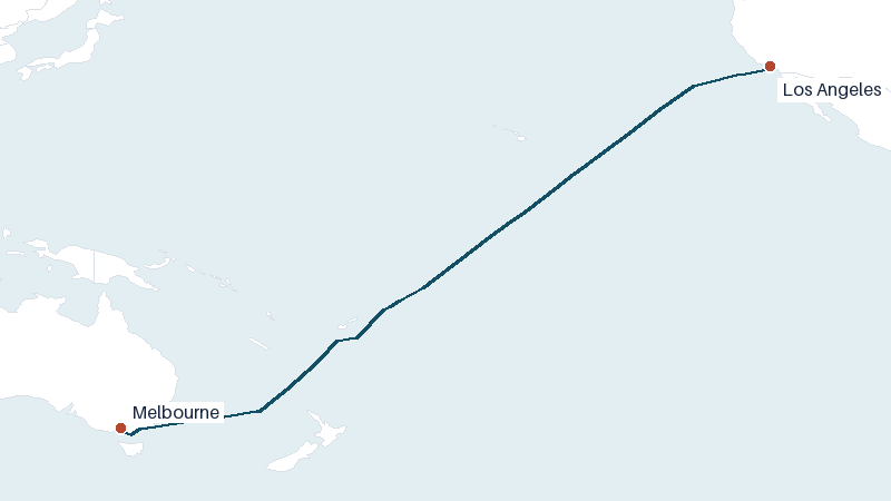 Sea route map from Los Angeles to Melbourne &mdash; 7184 nautical miles