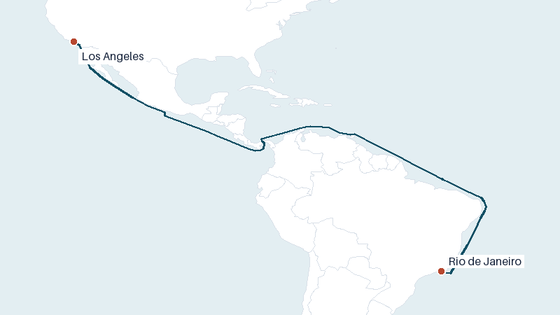 Sea route map from Los Angeles to Rio de Janeiro &mdash; 7403 nautical miles