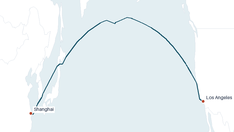 Sea route map from Los Angeles to Shanghai &mdash; 5730 nautical miles