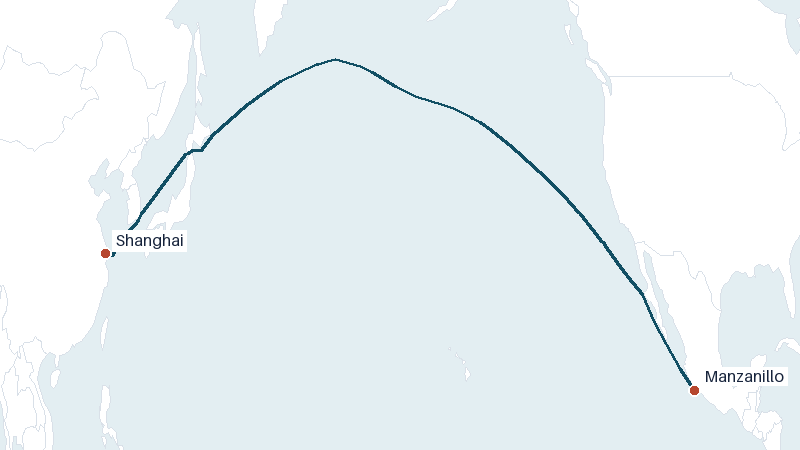Sea route map from Manzanillo to Shanghai &mdash; 6970 nautical miles
