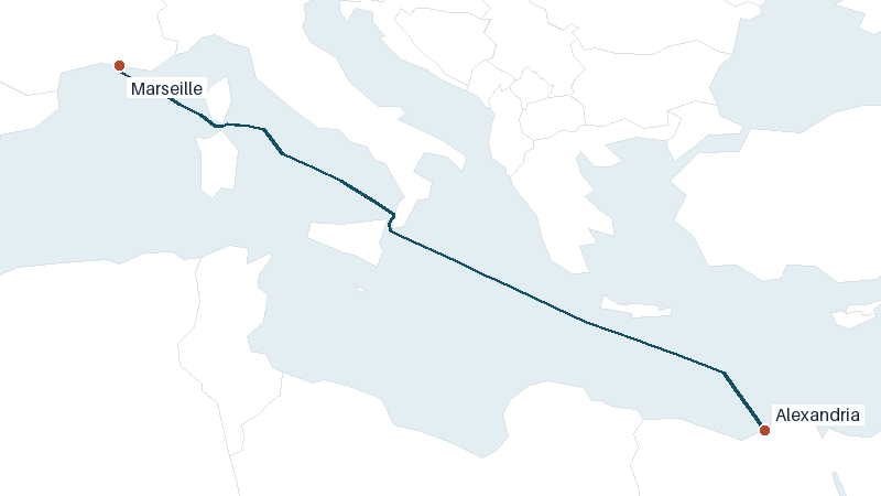 Sea route map from Marseille to Alexandria &mdash; 1440 nautical miles