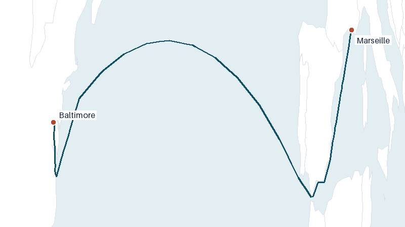 Sea route map from Marseille to Baltimore &mdash; 4201 nautical miles