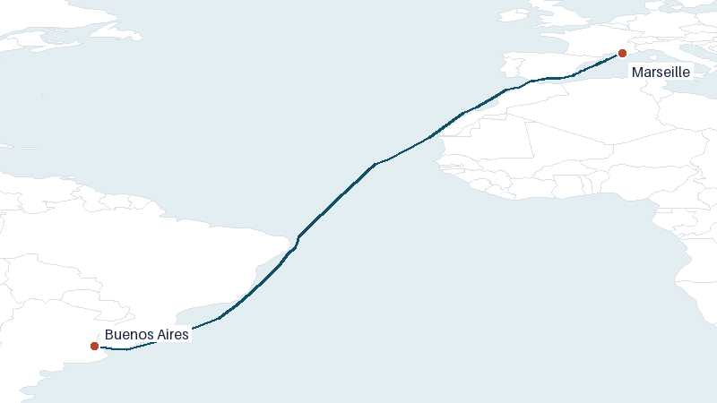 Sea route map from Marseille to Buenos Aires &mdash; 6064 nautical miles