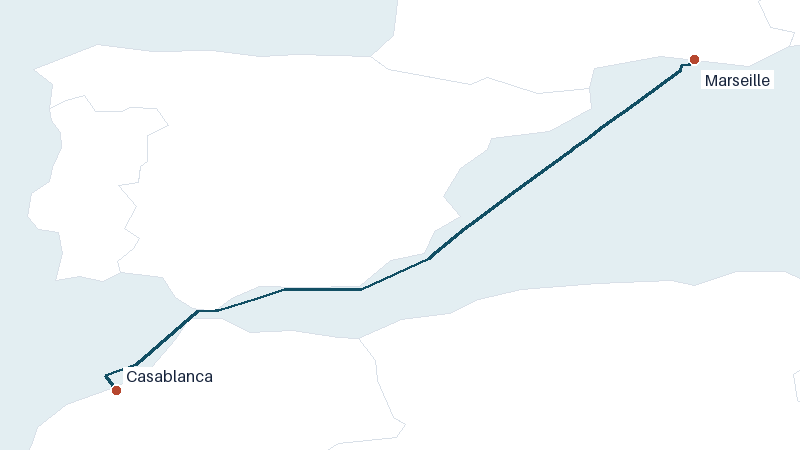 Sea route map from Marseille to Casablanca &mdash; 902 nautical miles