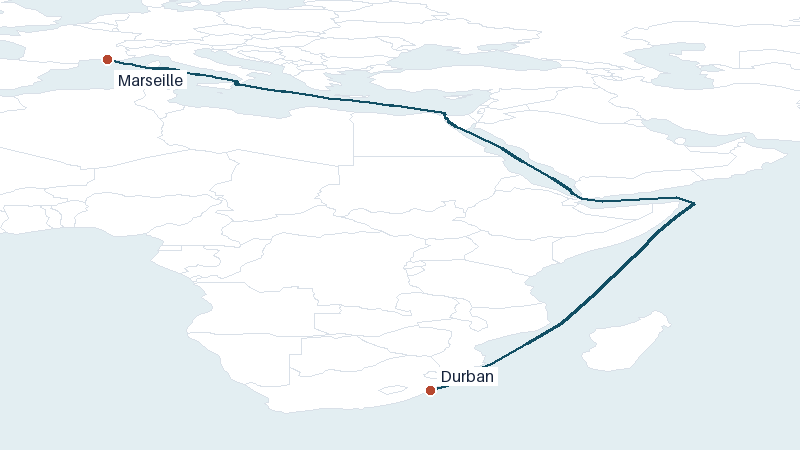 Sea route map from Marseille to Durban &mdash; 6189 nautical miles
