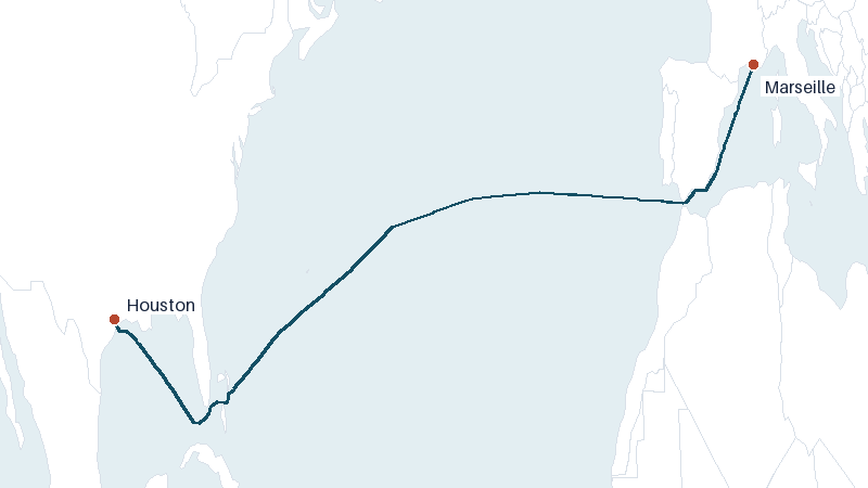 Sea route map from Marseille to Houston &mdash; 5478 nautical miles