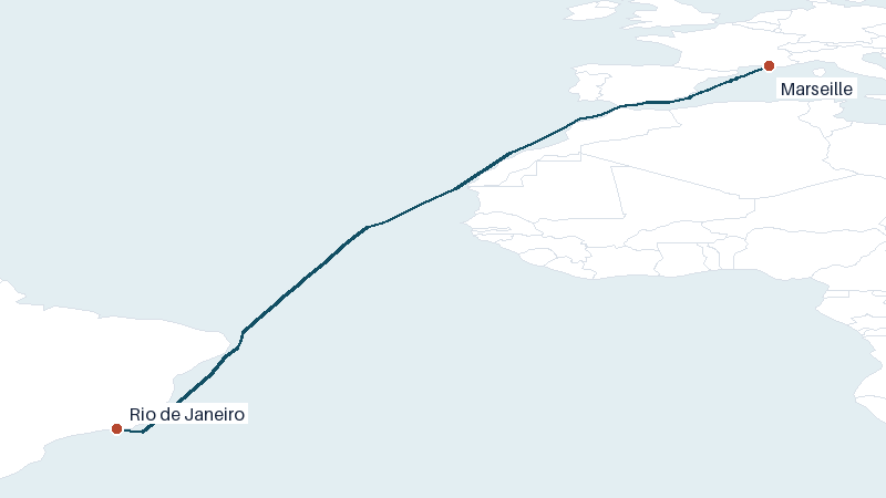 Sea route map from Marseille to Rio de Janeiro &mdash; 4981 nautical miles