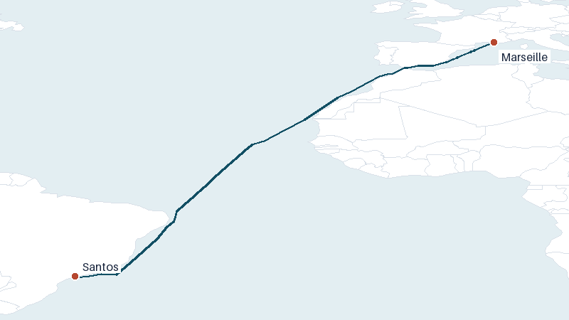 Sea route map from Marseille to Santos &mdash; 5174 nautical miles