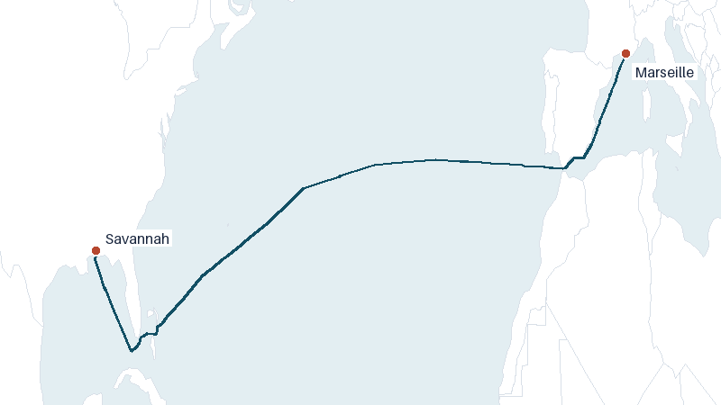 Sea route map from Marseille to Savannah &mdash; 5200 nautical miles