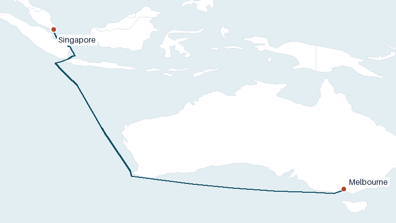 Sea route map from Melbourne to Singapore &mdash; 3936 nautical miles