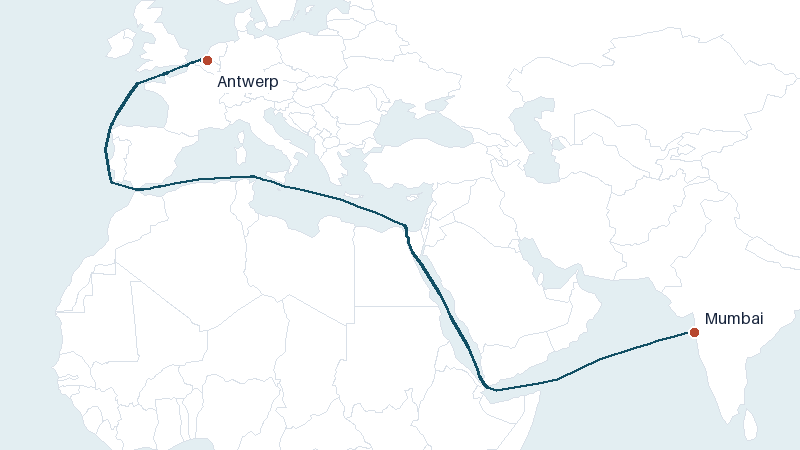 Sea route map from Mumbai to Antwerp &mdash; 6359 nautical miles