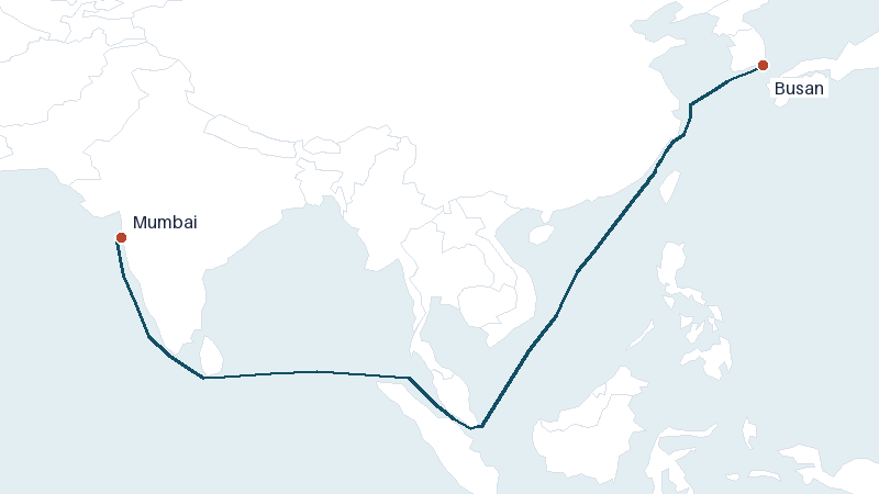 Sea route map from Mumbai to Busan &mdash; 5042 nautical miles