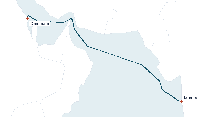 Sea route map from Mumbai to Dammam &mdash; 1422 nautical miles
