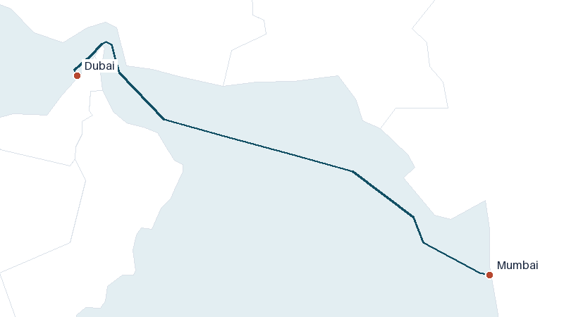 Sea route map from Mumbai to Dubai &mdash; 1161 nautical miles