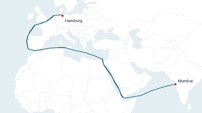 Sea route map from Mumbai to Hamburg &mdash; 6631 nautical miles
