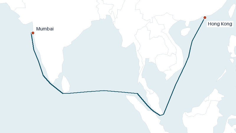 Sea route map from Mumbai to Hong Kong &mdash; 3944 nautical miles