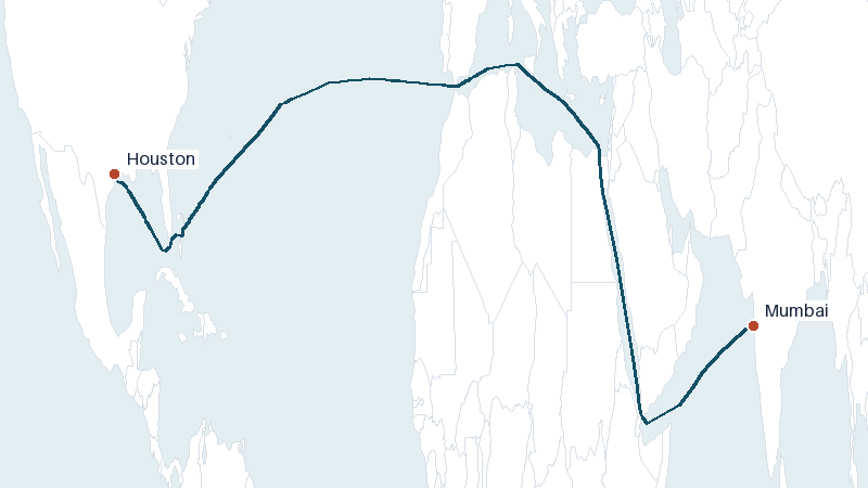Sea route map from Mumbai to Houston &mdash; 9763 nautical miles